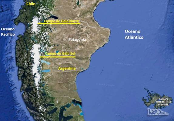 Imagem do Google mostra os campos de gelo sul e norte, remanescentes da última era glacial